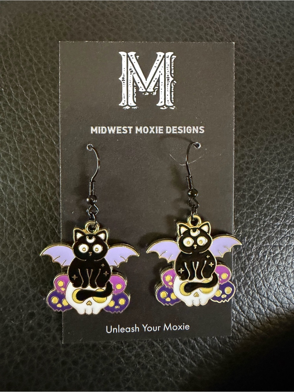 Midwest Moxie Black Bat Cat Enamel Dangle Earrings - Purple Accents